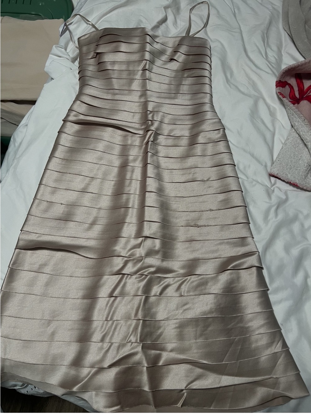 Vintage BCBG Champagne Satin Bandage Align Midi Strapless Dress